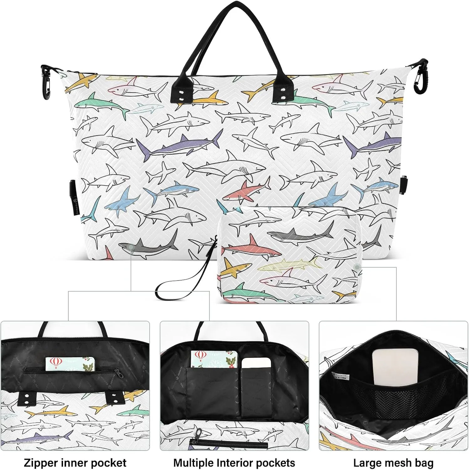 senya Weekender Bags Travel Duffel Gym Bag Sharks Carry on Overnight Tote Bag with Toiletry Bag for Airplane Travel Trip Gym Yoga