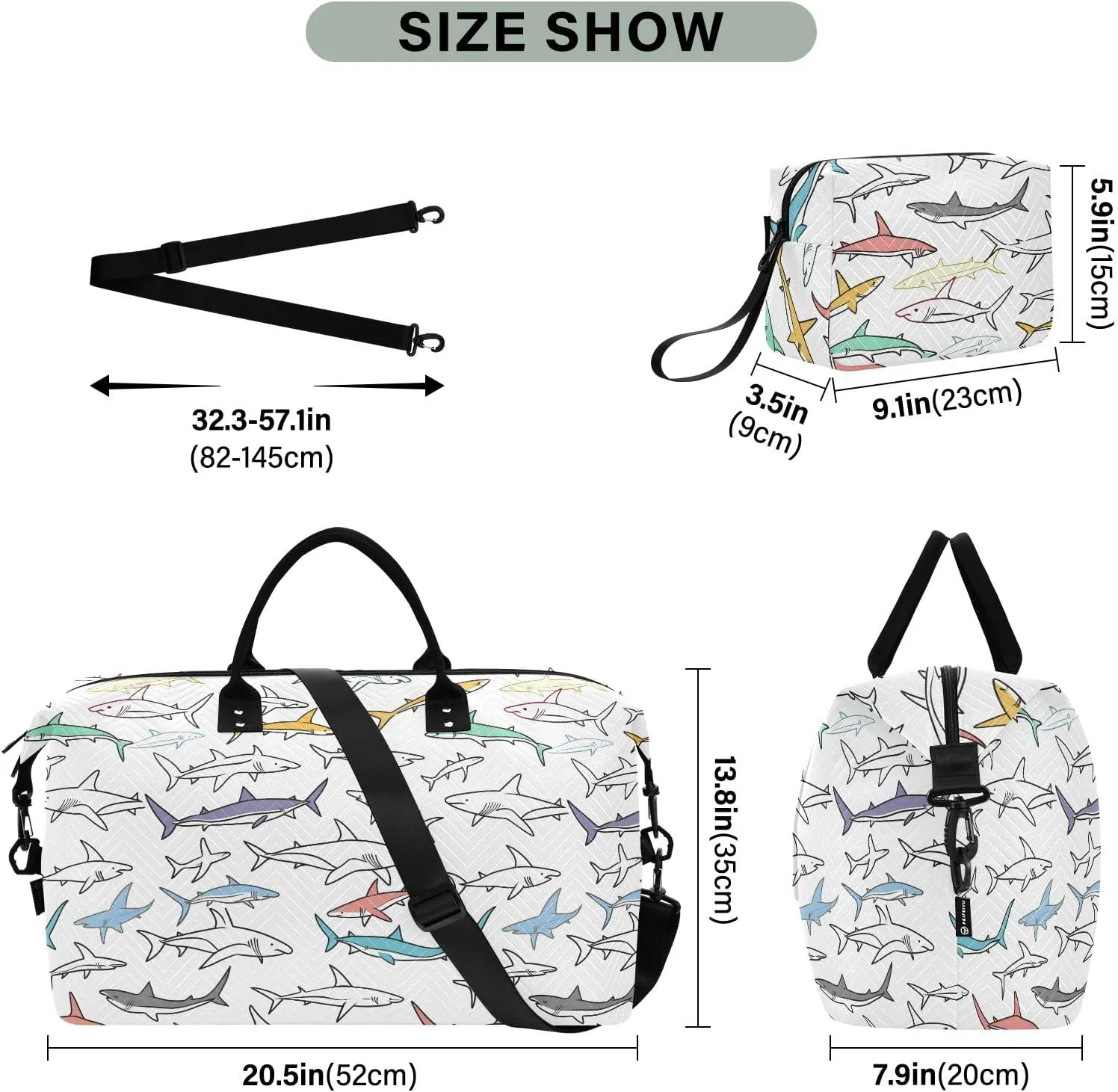 senya Weekender Bags Travel Duffel Gym Bag Sharks Carry on Overnight Tote Bag with Toiletry Bag for Airplane Travel Trip Gym Yoga