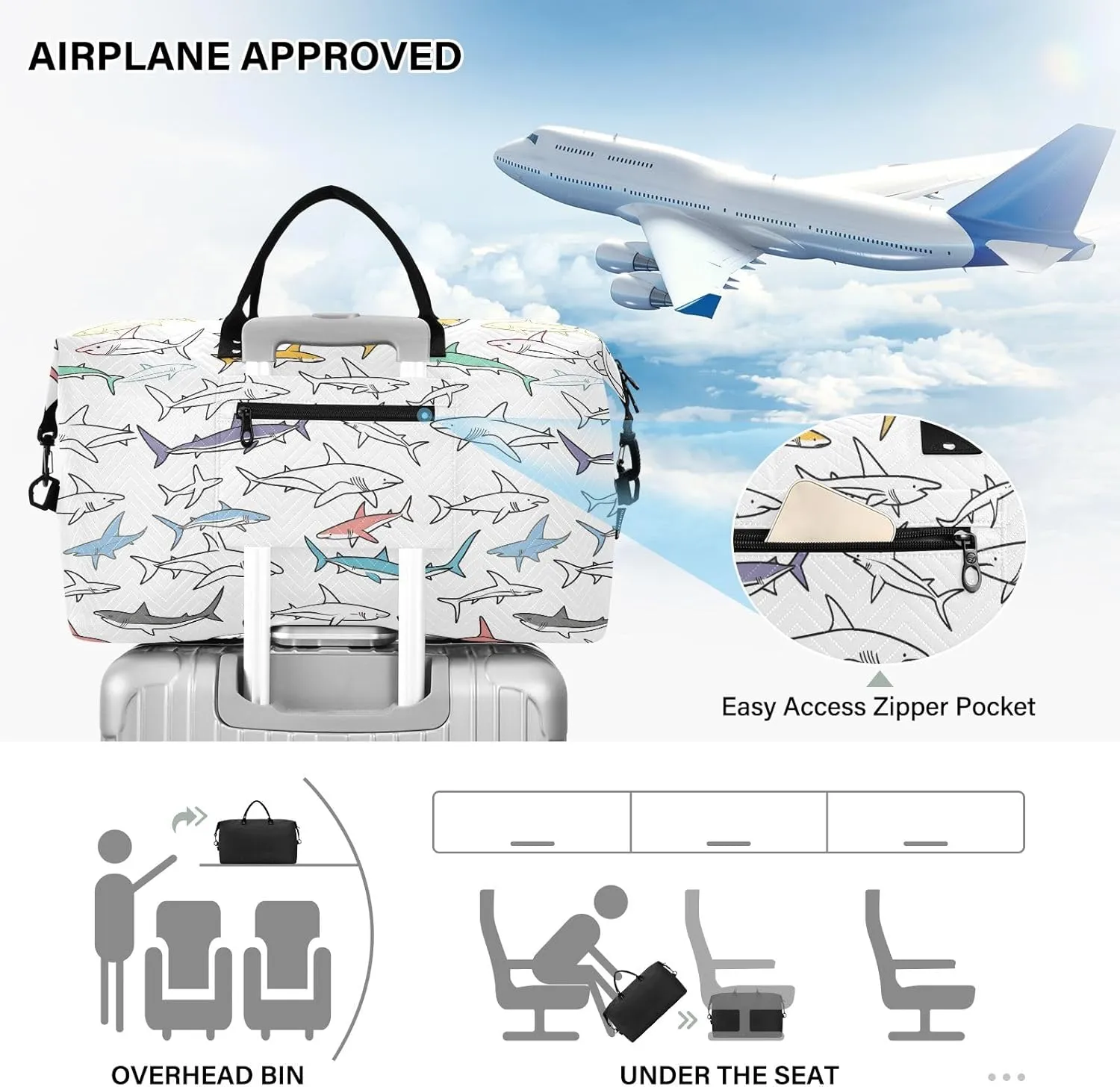 senya Weekender Bags Travel Duffel Gym Bag Sharks Carry on Overnight Tote Bag with Toiletry Bag for Airplane Travel Trip Gym Yoga