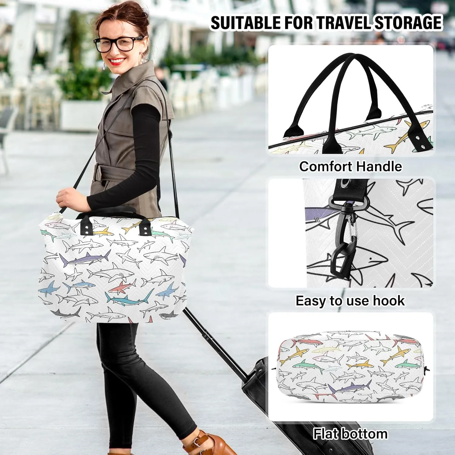senya Weekender Bags Travel Duffel Gym Bag Sharks Carry on Overnight Tote Bag with Toiletry Bag for Airplane Travel Trip Gym Yoga