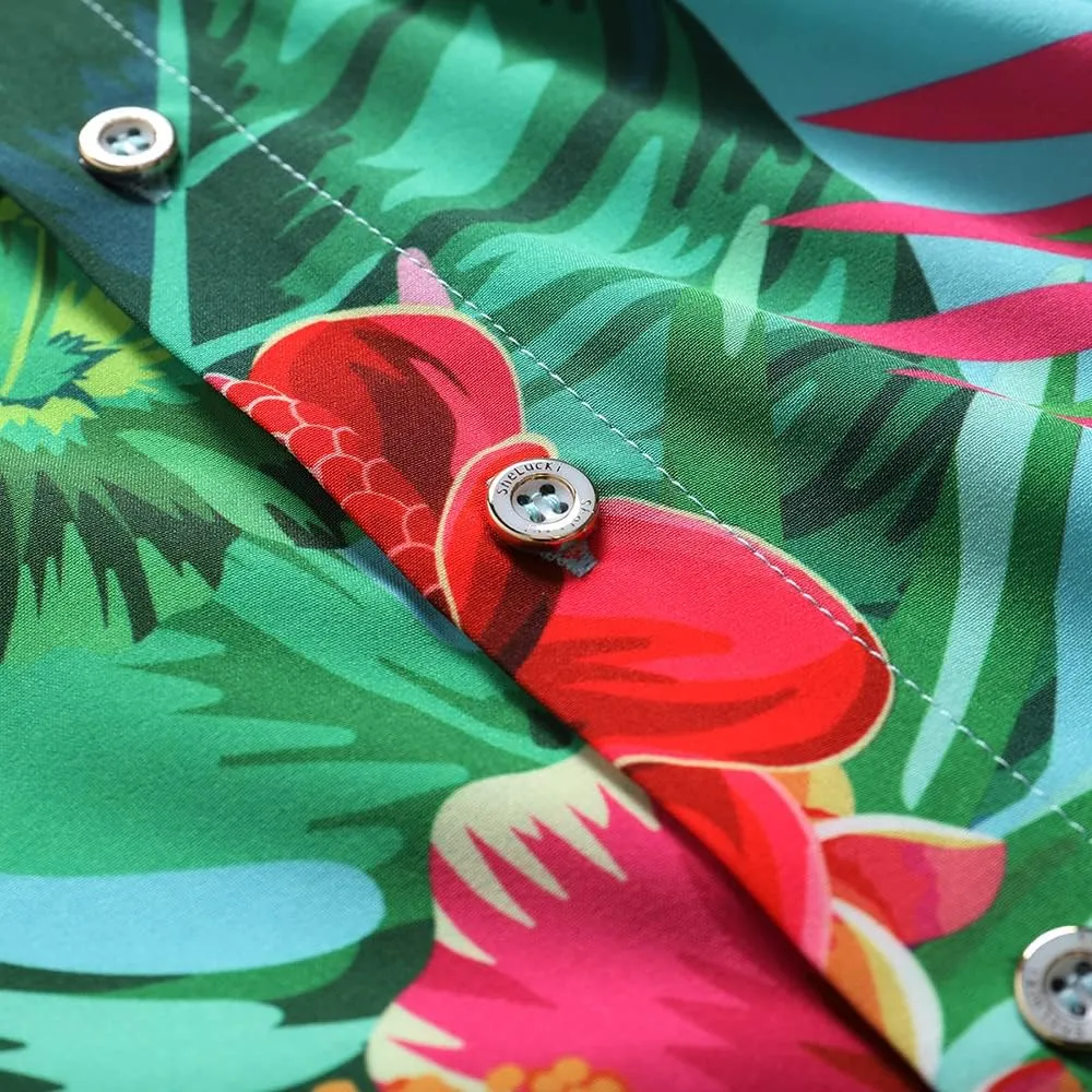 SheLucki Hawaiian Shirt for Men, Unisex Summer Beach Casual Short Sleeve Button Down Shirts, Printed Palmshadow Clothing