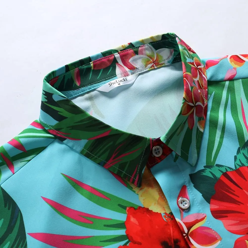 SheLucki Hawaiian Shirt for Men, Unisex Summer Beach Casual Short Sleeve Button Down Shirts, Printed Palmshadow Clothing