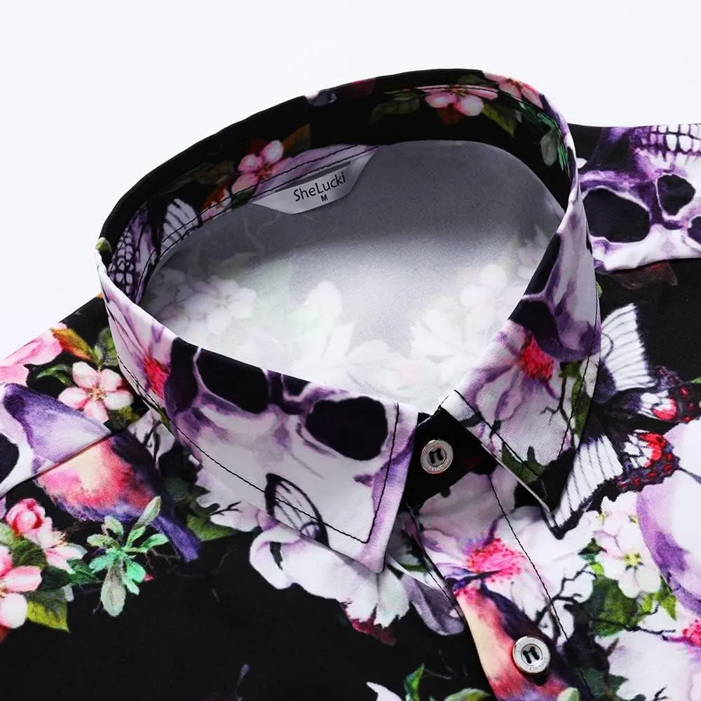 SheLucki Hawaiian Shirt for Men, Unisex Summer Beach Casual Short Sleeve Button Down Shirts, Printed Palmshadow Clothing