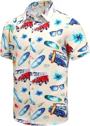 SheLucki Hawaiian Shirt for Men, Unisex Summer Beach Casual Short Sleeve Button Down Shirts, Printed Palmshadow Clothing