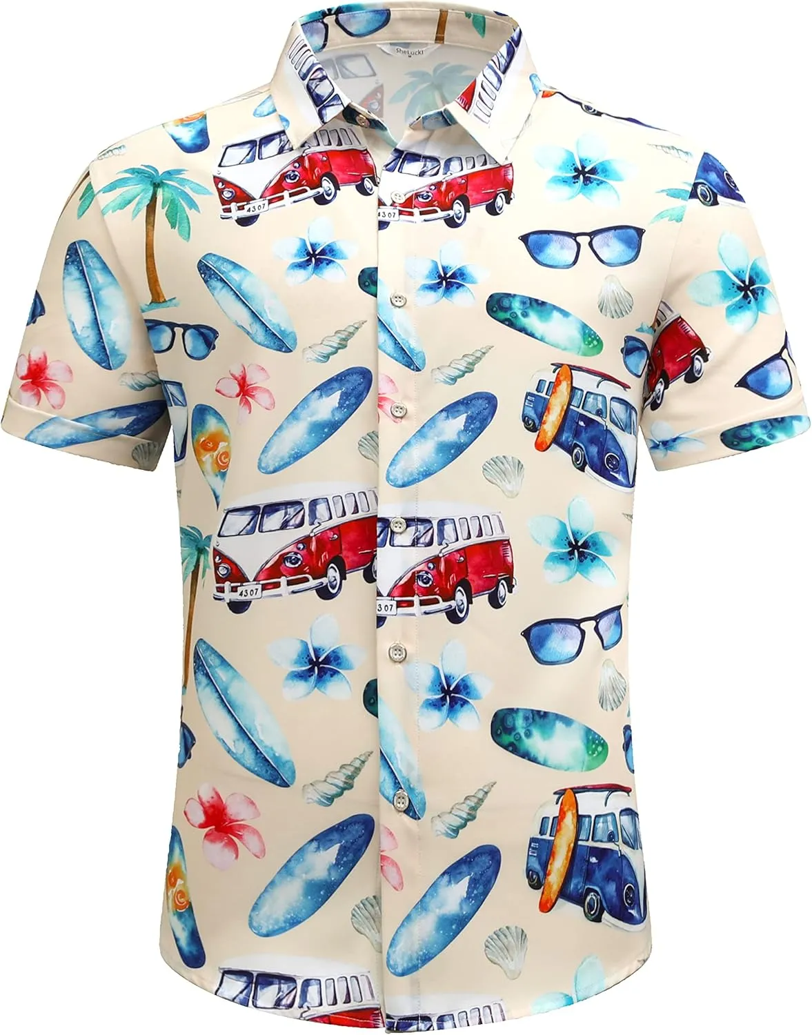 SheLucki Hawaiian Shirt for Men, Unisex Summer Beach Casual Short Sleeve Button Down Shirts, Printed Palmshadow Clothing