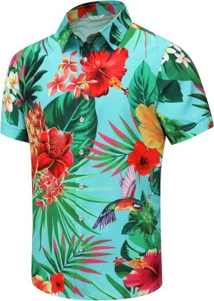SheLucki Hawaiian Shirt for Men, Unisex Summer Beach Casual Short Sleeve Button Down Shirts, Printed Palmshadow Clothing