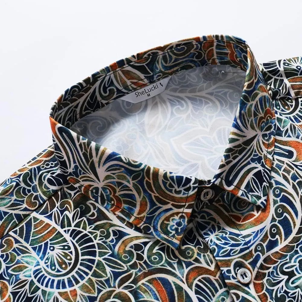 SheLucki Hawaiian Shirt for Men, Unisex Summer Beach Casual Short Sleeve Button Down Shirts, Printed Palmshadow Clothing