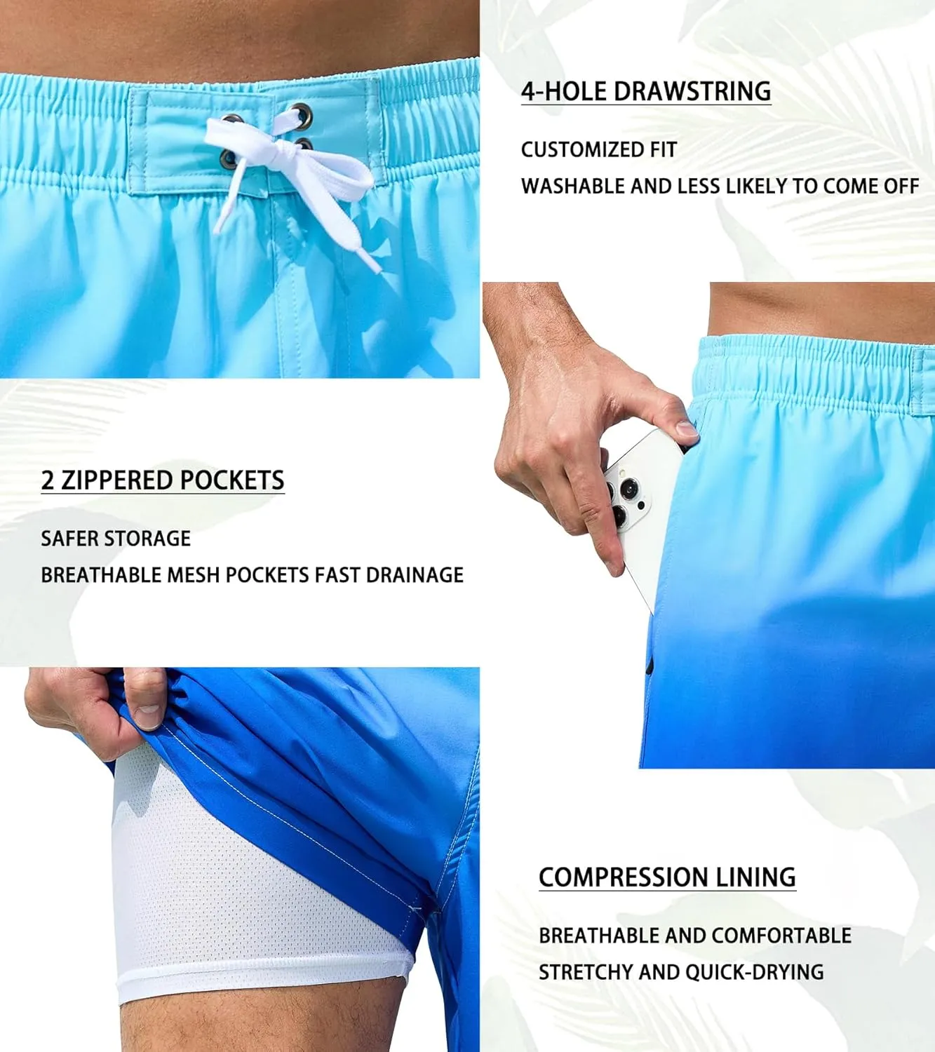 SILKWORLD Mens Swimming Trunks 2 in 1 Quick Dry Bathing Suit Elastic Waist Beach Shorts with Zipper Pockets