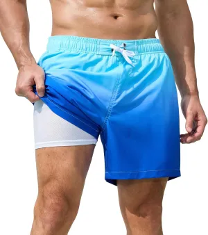 SILKWORLD Mens Swimming Trunks 2 in 1 Quick Dry Bathing Suit Elastic Waist Beach Shorts with Zipper Pockets