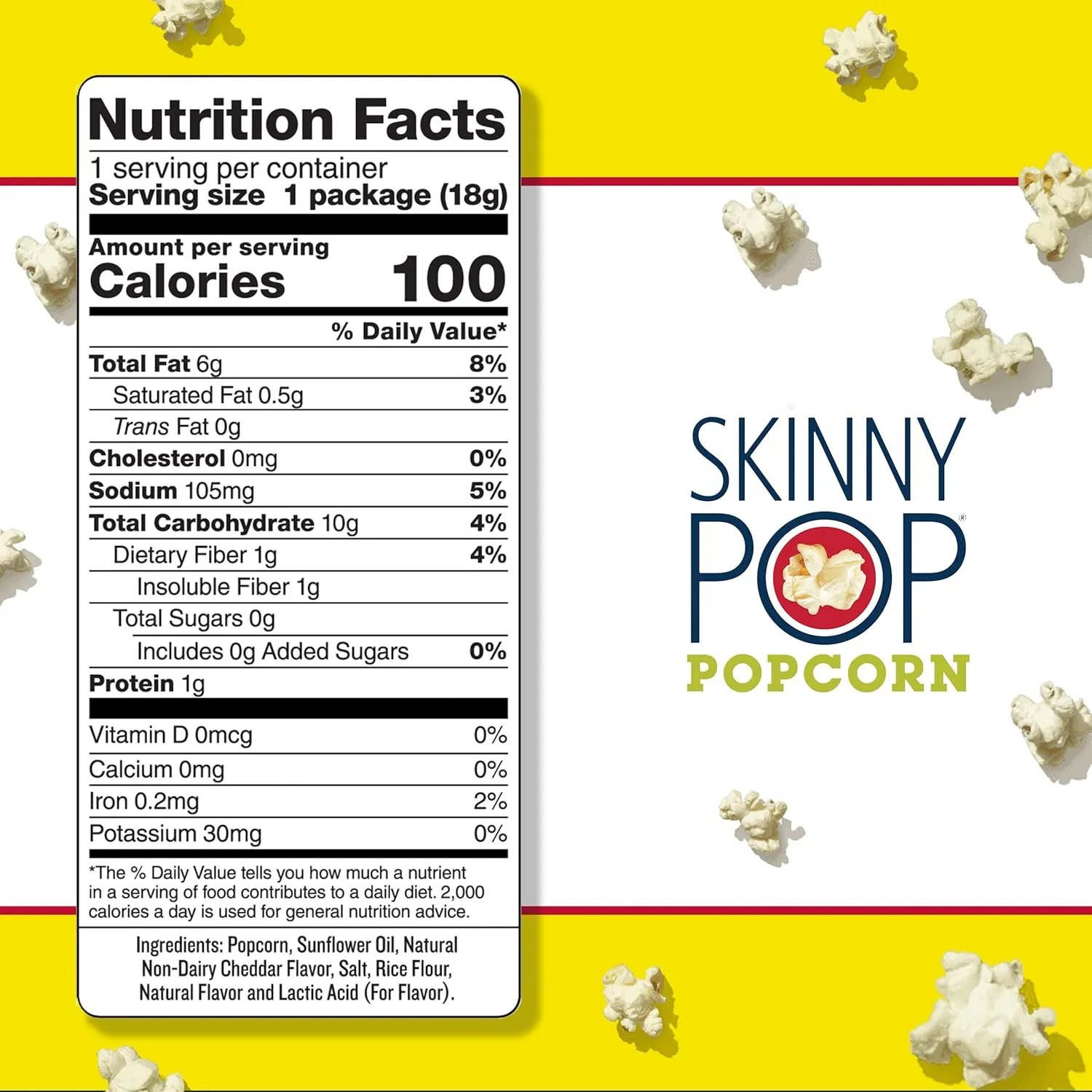 SkinnyPop Popcorn, Gluten Free, Non-GMO, Healthy Snacks, Skinny Pop Dairy Free White Cheddar Popcorn Snack Packs, 0.65 Oz Individual Size Snack Bags (6 Count)