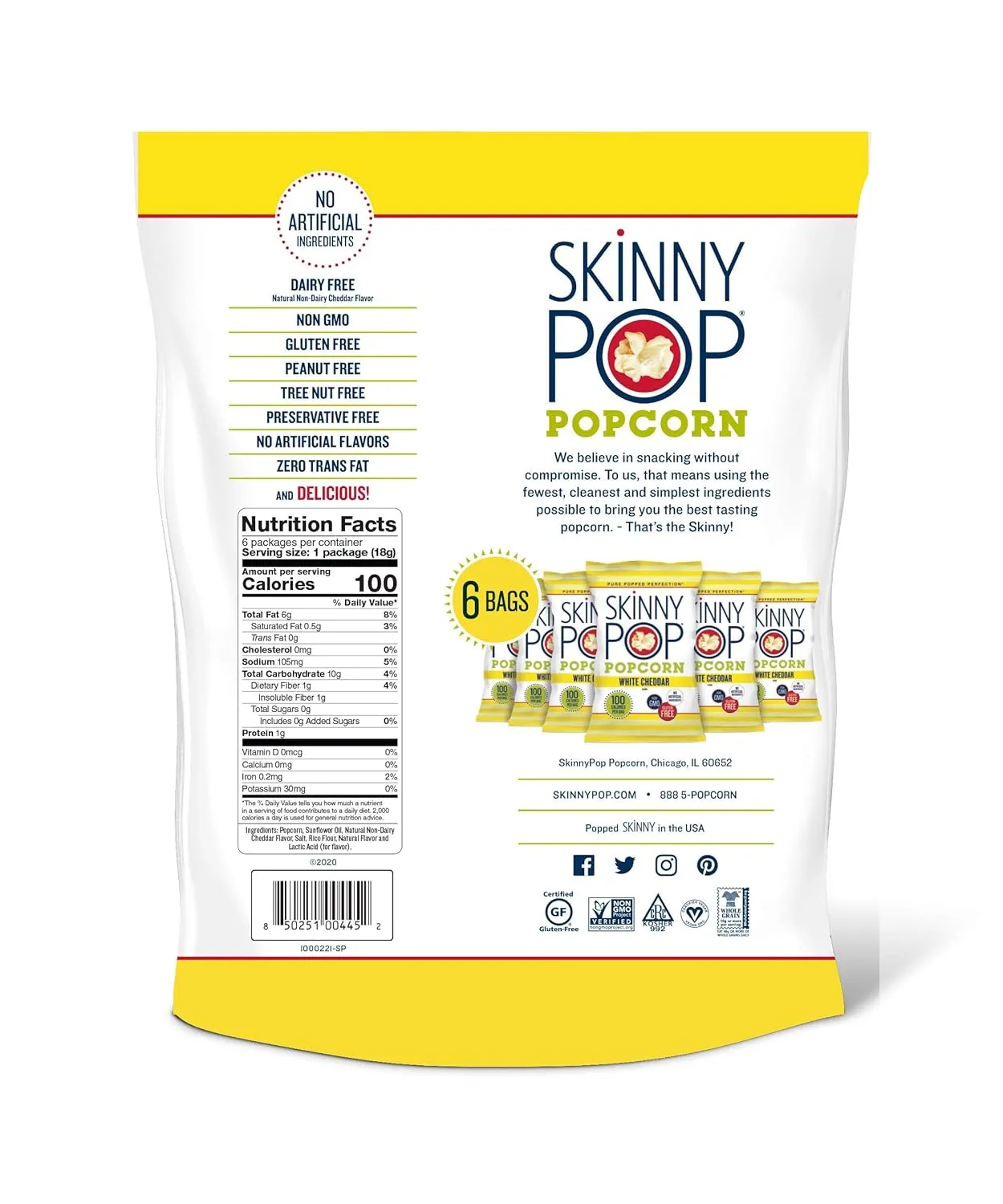 SkinnyPop Popcorn, Gluten Free, Non-GMO, Healthy Snacks, Skinny Pop Dairy Free White Cheddar Popcorn Snack Packs, 0.65 Oz Individual Size Snack Bags (6 Count)