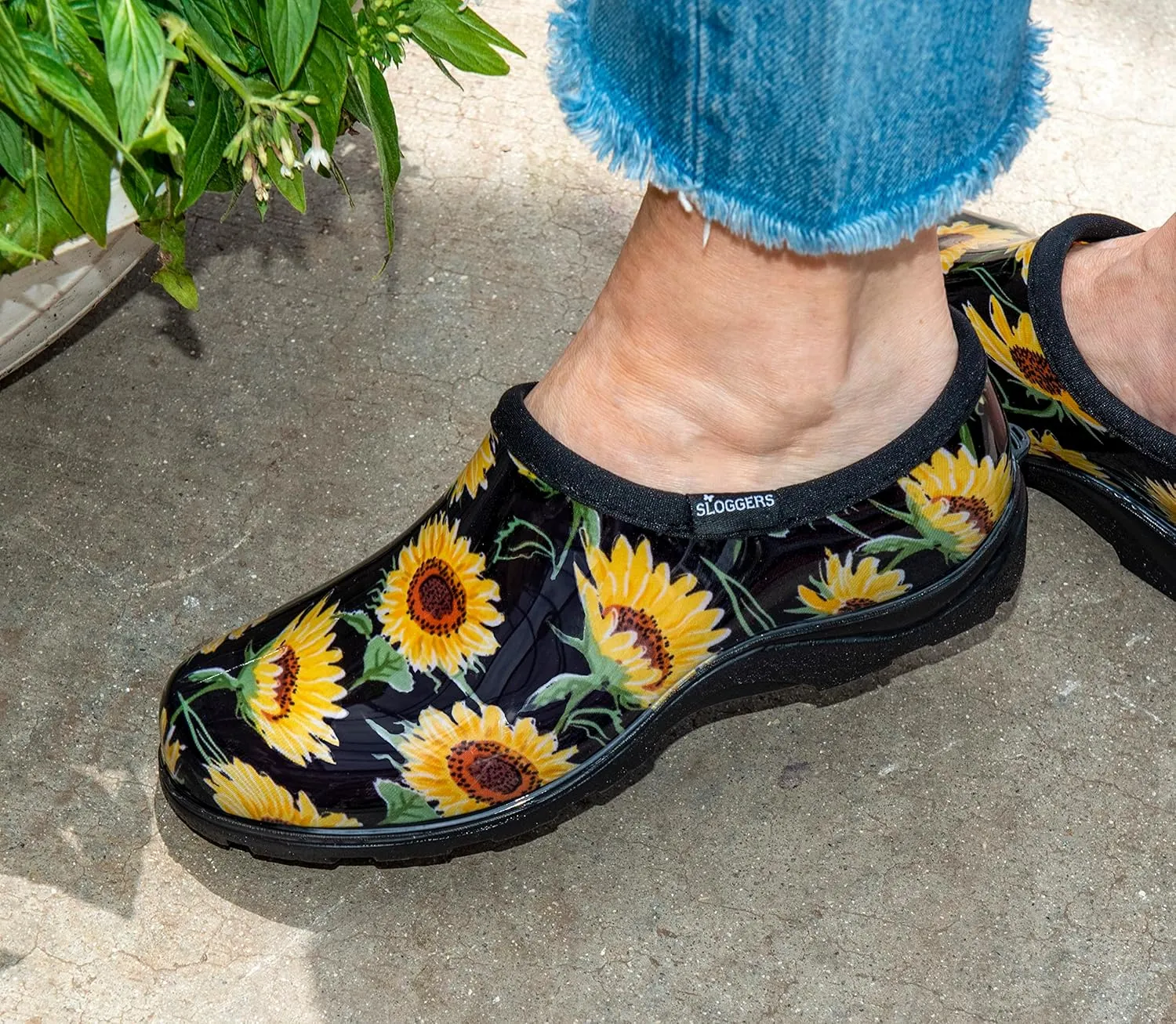 Sloggers Original Waterproof Rain and Garden Shoe for Women– Outdoor Slip-On Garden Clog - Made in The USA with Premium Comfort Insole and Arch Support - Sunflower Print Black, Size 7