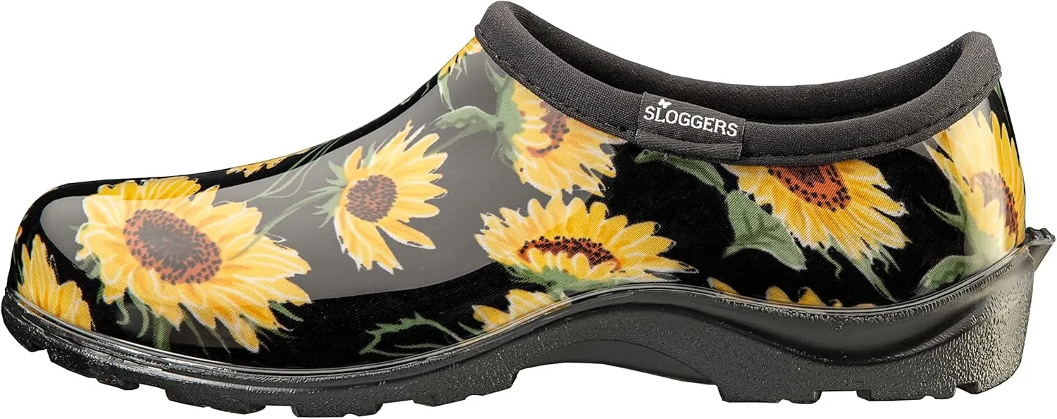 Sloggers Original Waterproof Rain and Garden Shoe for Women– Outdoor Slip-On Garden Clog - Made in The USA with Premium Comfort Insole and Arch Support - Sunflower Print Black, Size 7