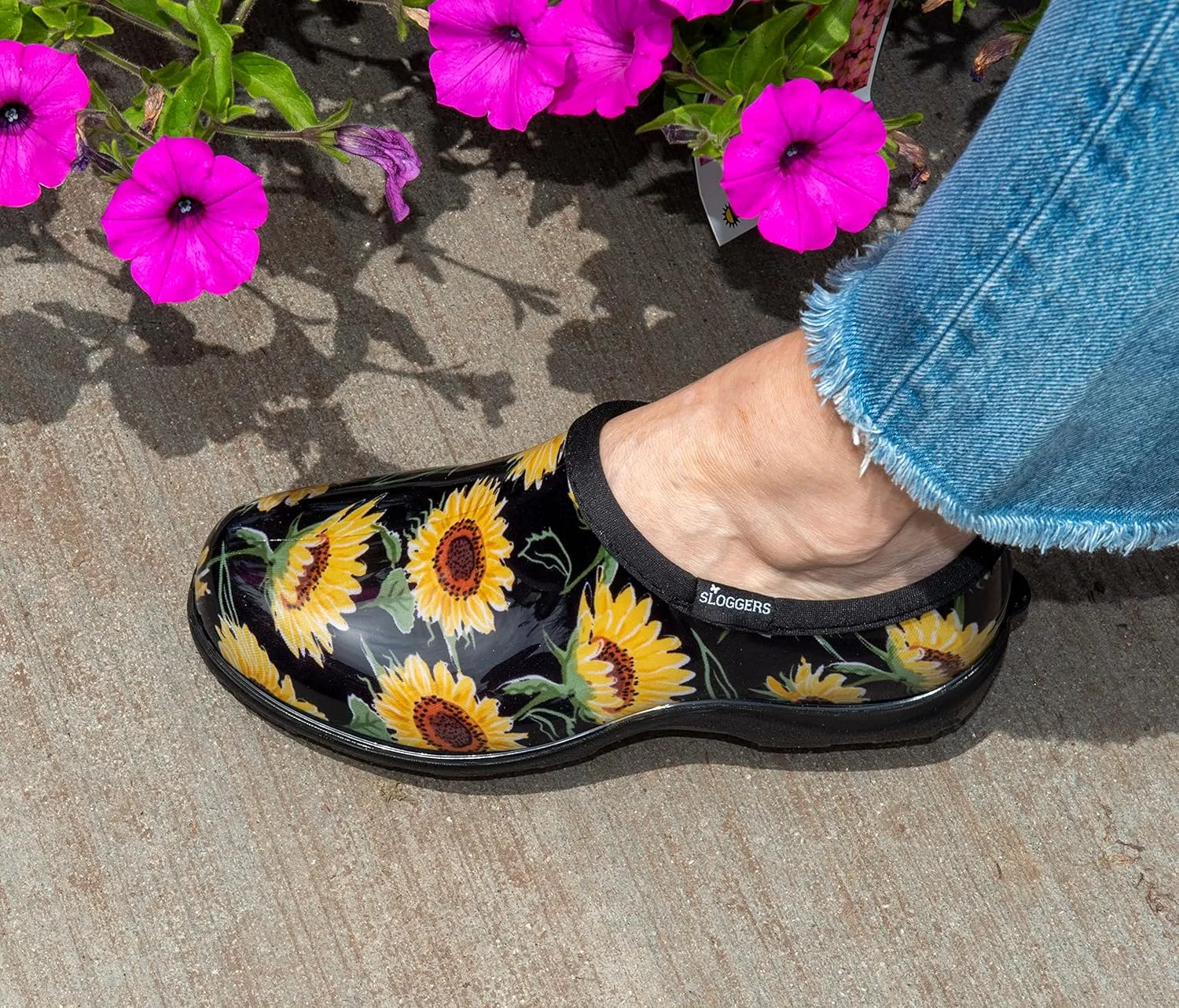 Sloggers Original Waterproof Rain and Garden Shoe for Women– Outdoor Slip-On Garden Clog - Made in The USA with Premium Comfort Insole and Arch Support - Sunflower Print Black, Size 7