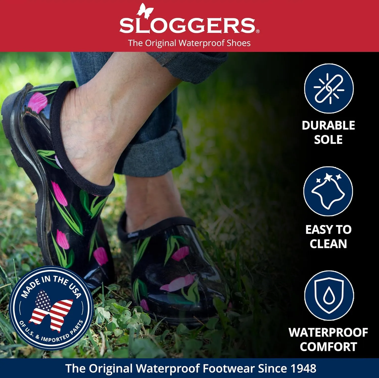 Sloggers Original Waterproof Rain and Garden Shoe for Women– Outdoor Slip-On Garden Clog - Made in The USA with Premium Comfort Insole and Arch Support - Sunflower Print Black, Size 7