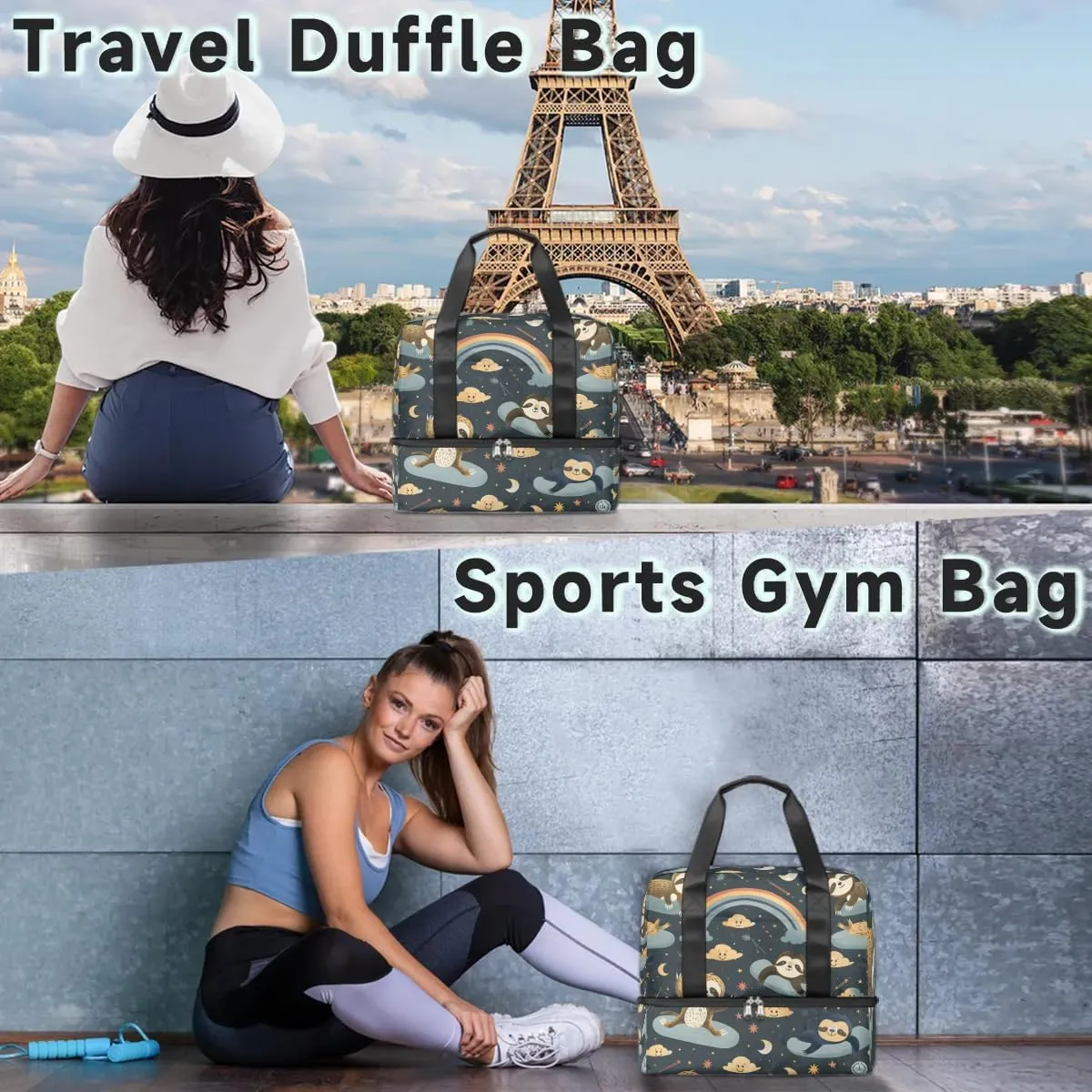 Sloth Rainbow Moon Travel Duffel Bag Dry Wet Separated Sports Tote Travel Duffle Bag Gym Workout Bag Women Travel Duffel Bag for Women, Travel, Gym, Work