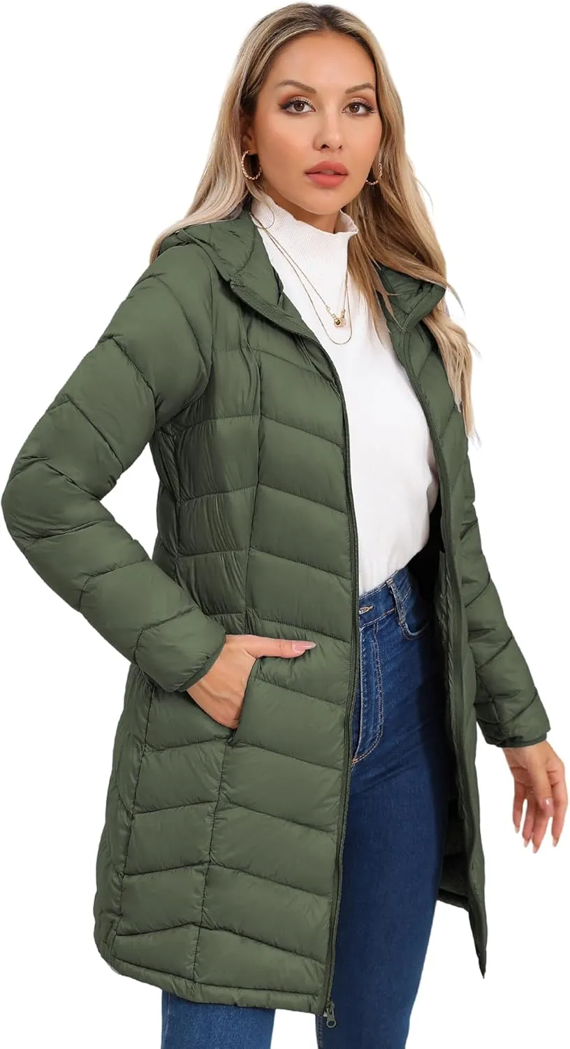 SLOWTOWN Women’s Packable Puffer Coat Lightweight Hooded Puffer Jakcet Mid Length Warm Winter Coat