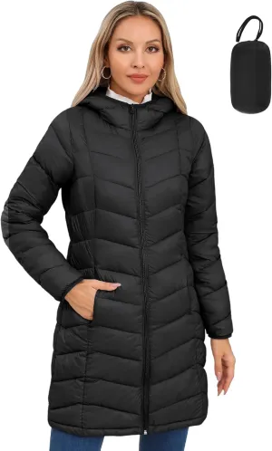 SLOWTOWN Women’s Packable Puffer Coat Lightweight Hooded Puffer Jakcet Mid Length Warm Winter Coat