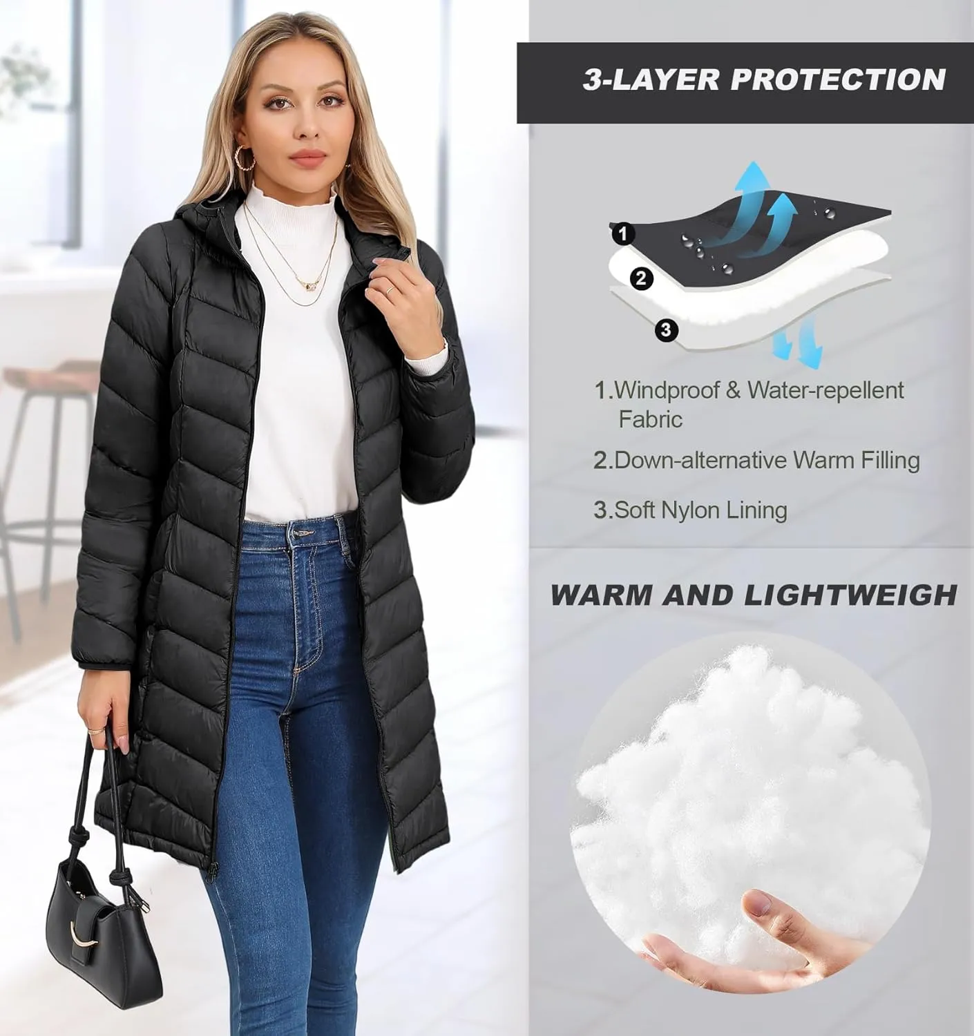 SLOWTOWN Women’s Packable Puffer Coat Lightweight Hooded Puffer Jakcet Mid Length Warm Winter Coat