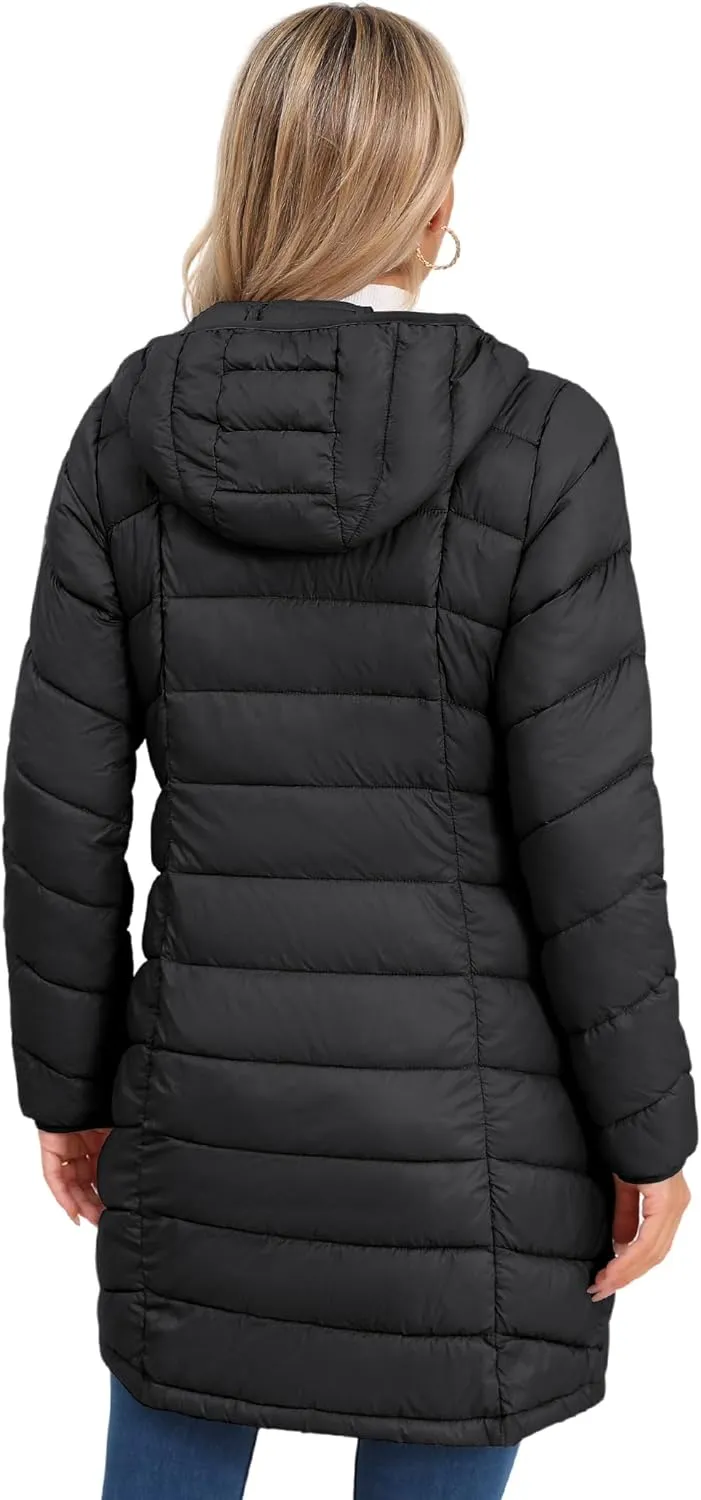 SLOWTOWN Women’s Packable Puffer Coat Lightweight Hooded Puffer Jakcet Mid Length Warm Winter Coat