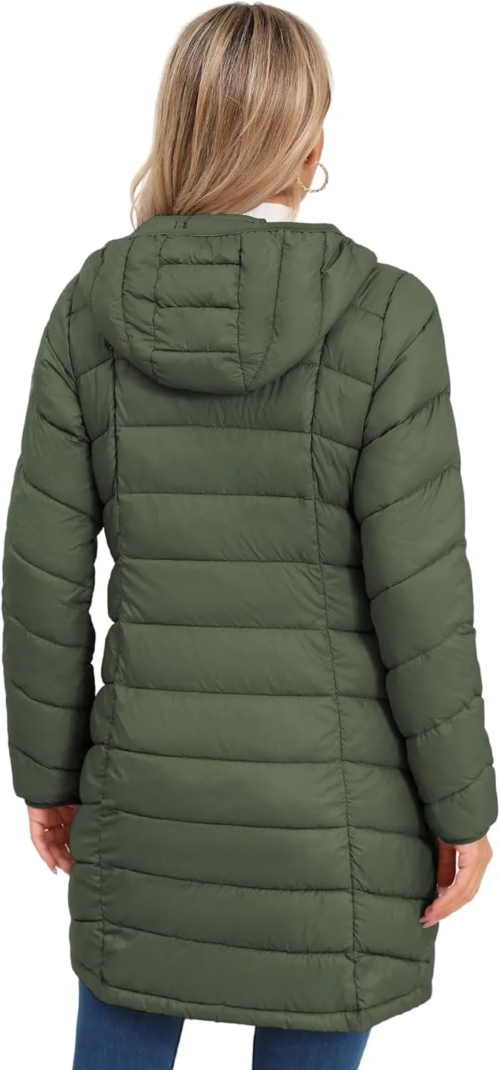 SLOWTOWN Women’s Packable Puffer Coat Lightweight Hooded Puffer Jakcet Mid Length Warm Winter Coat
