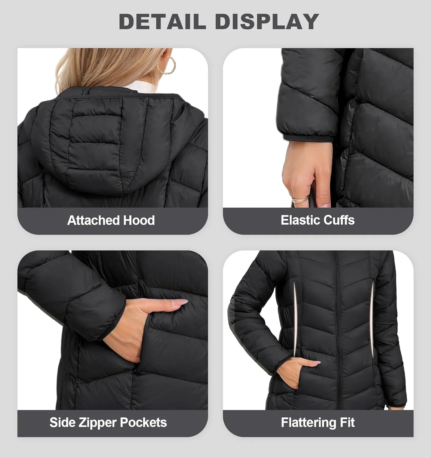 SLOWTOWN Women’s Packable Puffer Coat Lightweight Hooded Puffer Jakcet Mid Length Warm Winter Coat