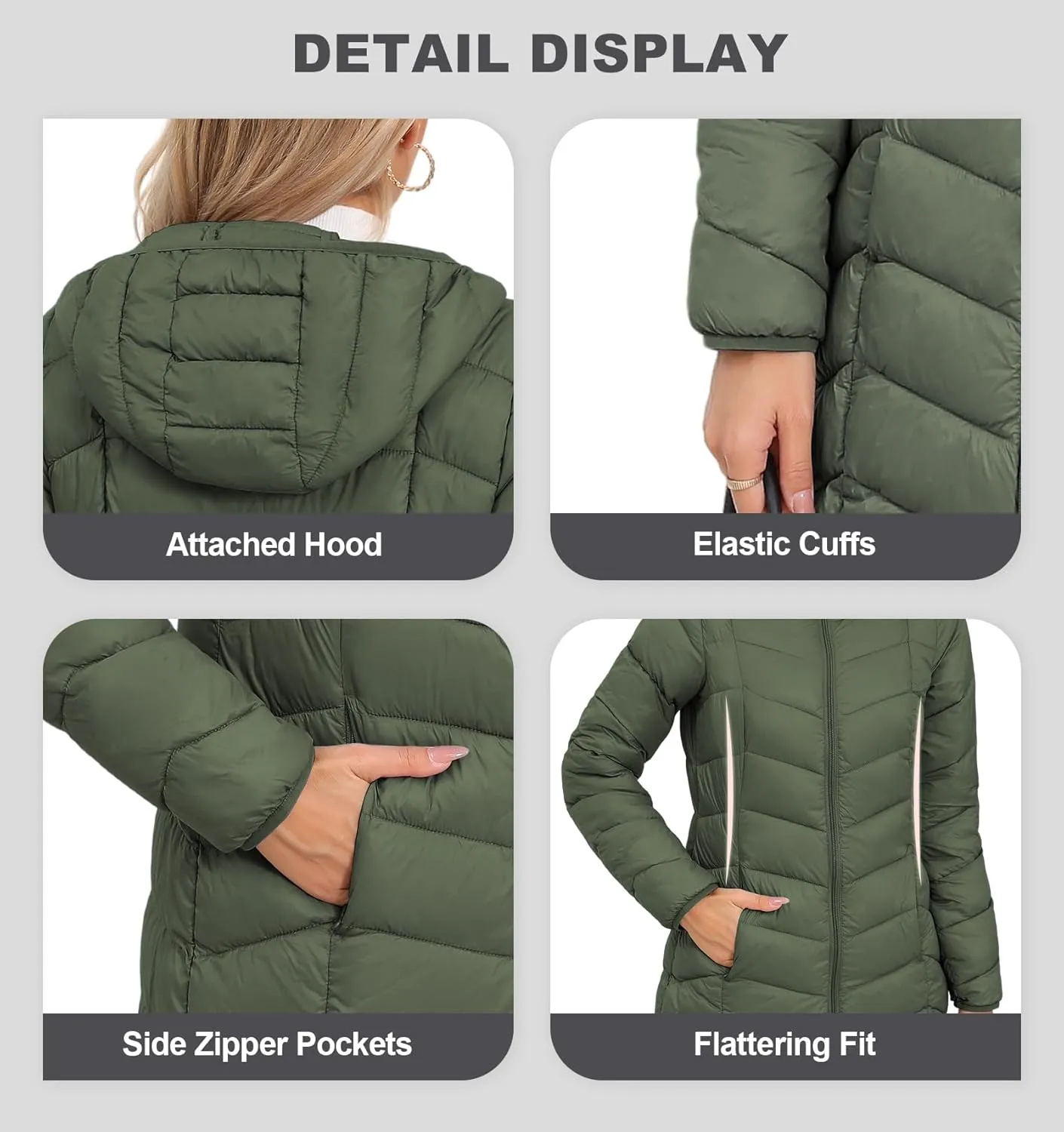 SLOWTOWN Women’s Packable Puffer Coat Lightweight Hooded Puffer Jakcet Mid Length Warm Winter Coat