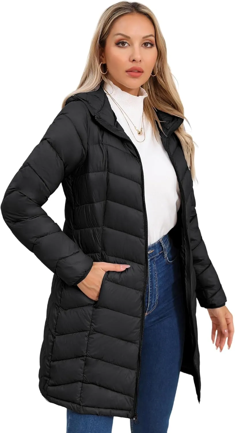 SLOWTOWN Women’s Packable Puffer Coat Lightweight Hooded Puffer Jakcet Mid Length Warm Winter Coat