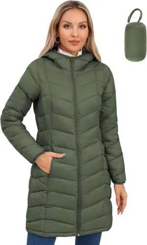 SLOWTOWN Women’s Packable Puffer Coat Lightweight Hooded Puffer Jakcet Mid Length Warm Winter Coat