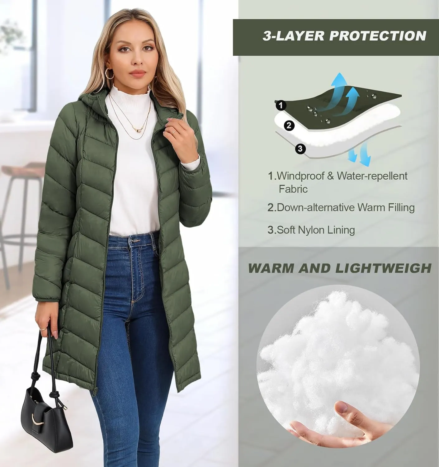 SLOWTOWN Women’s Packable Puffer Coat Lightweight Hooded Puffer Jakcet Mid Length Warm Winter Coat