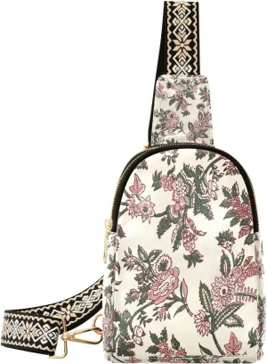 Small Sling Bag for Women Crossbody Batik Embroidery Flower Fashion Leather Crossbody Bag for Women Retro Trendy Crossbody Purse Fanny Pack with Adjustable Guitar Strap Outfit