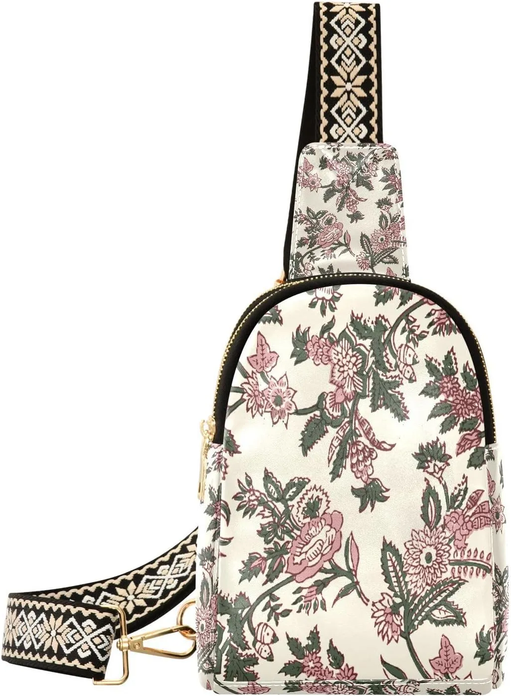 Small Sling Bag for Women Crossbody Batik Embroidery Flower Fashion Leather Crossbody Bag for Women Retro Trendy Crossbody Purse Fanny Pack with Adjustable Guitar Strap Outfit