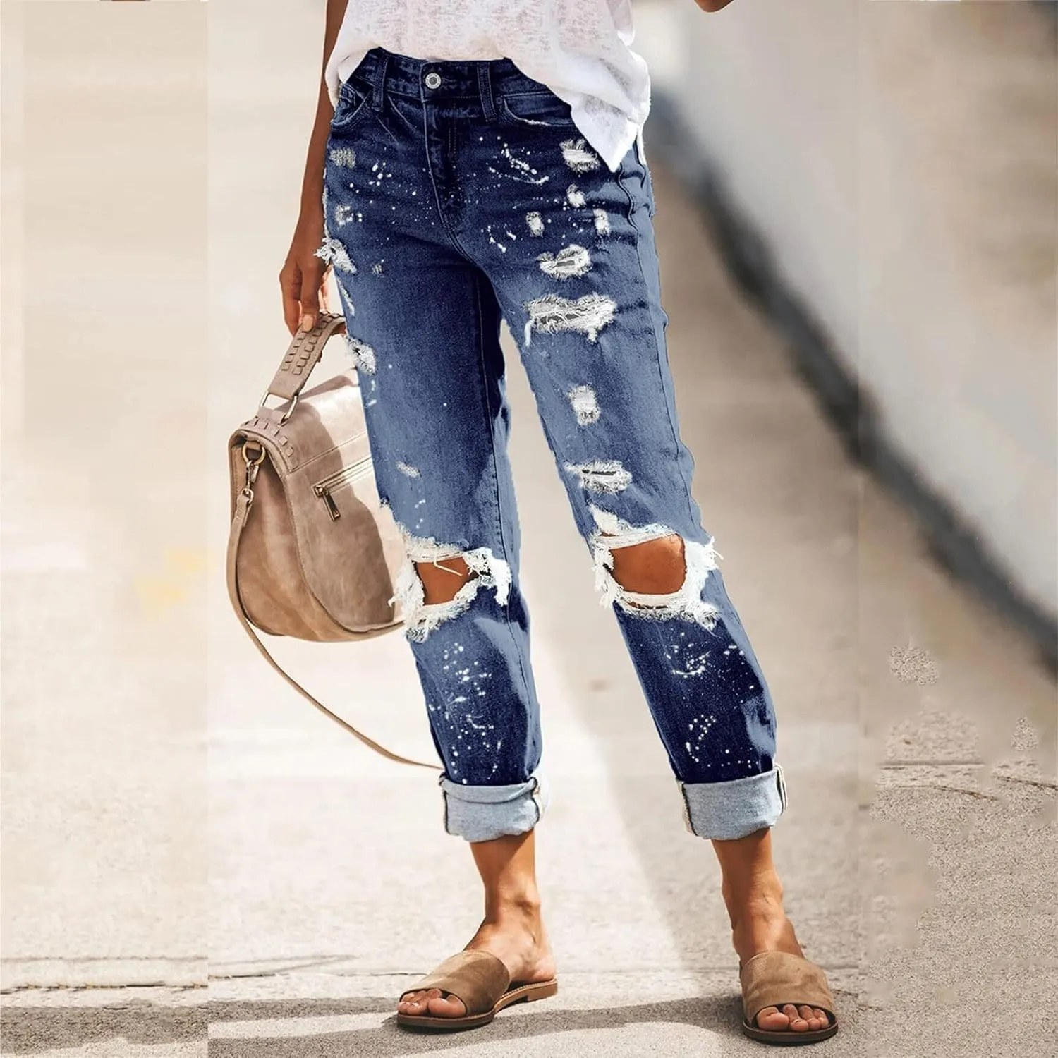 SMIDOW Womens Dressy Casual Bootcut Jeans Folded Hem Ripped Jeans with Multiple Pockets Distressed Jeans Y2K Denim Pants
