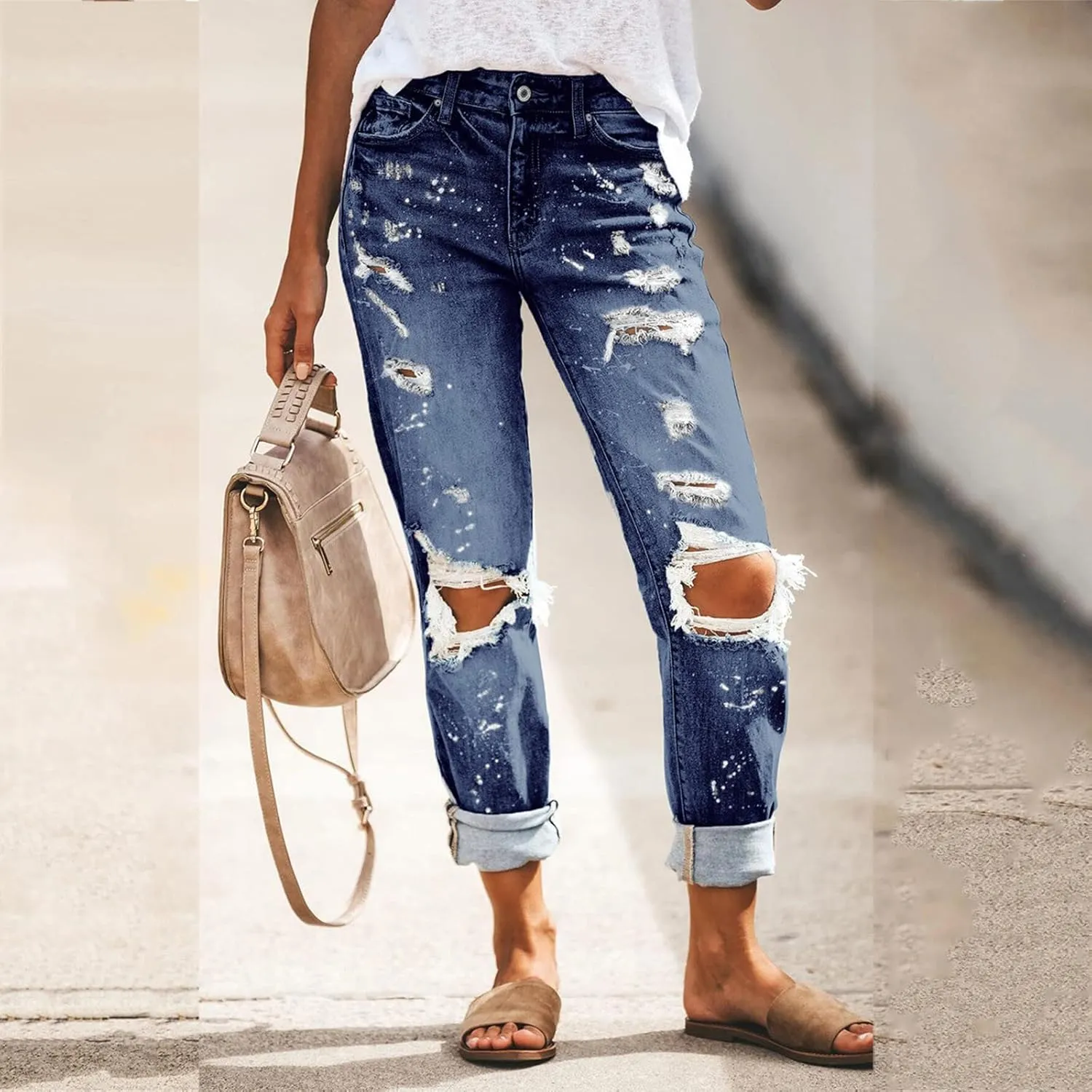 SMIDOW Womens Dressy Casual Bootcut Jeans Folded Hem Ripped Jeans with Multiple Pockets Distressed Jeans Y2K Denim Pants