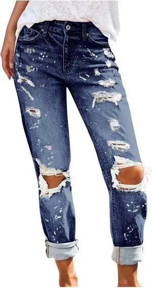 SMIDOW Womens Dressy Casual Bootcut Jeans Folded Hem Ripped Jeans with Multiple Pockets Distressed Jeans Y2K Denim Pants