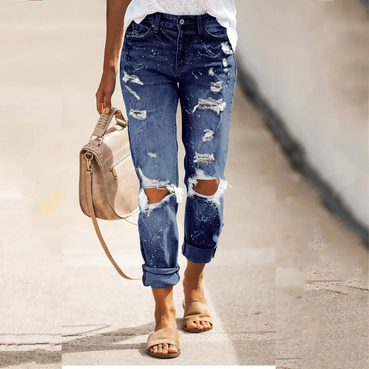 SMIDOW Womens Dressy Casual Bootcut Jeans Folded Hem Ripped Jeans with Multiple Pockets Distressed Jeans Y2K Denim Pants
