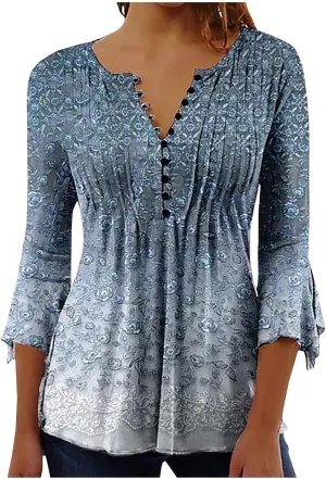 SMIDOW Womens Tunic Tops Trendy Vintage Boho Shirts 3/4 Bell Sleeve Notch v Neck t-Shirt 2023 Casual Blouses Empire Waist