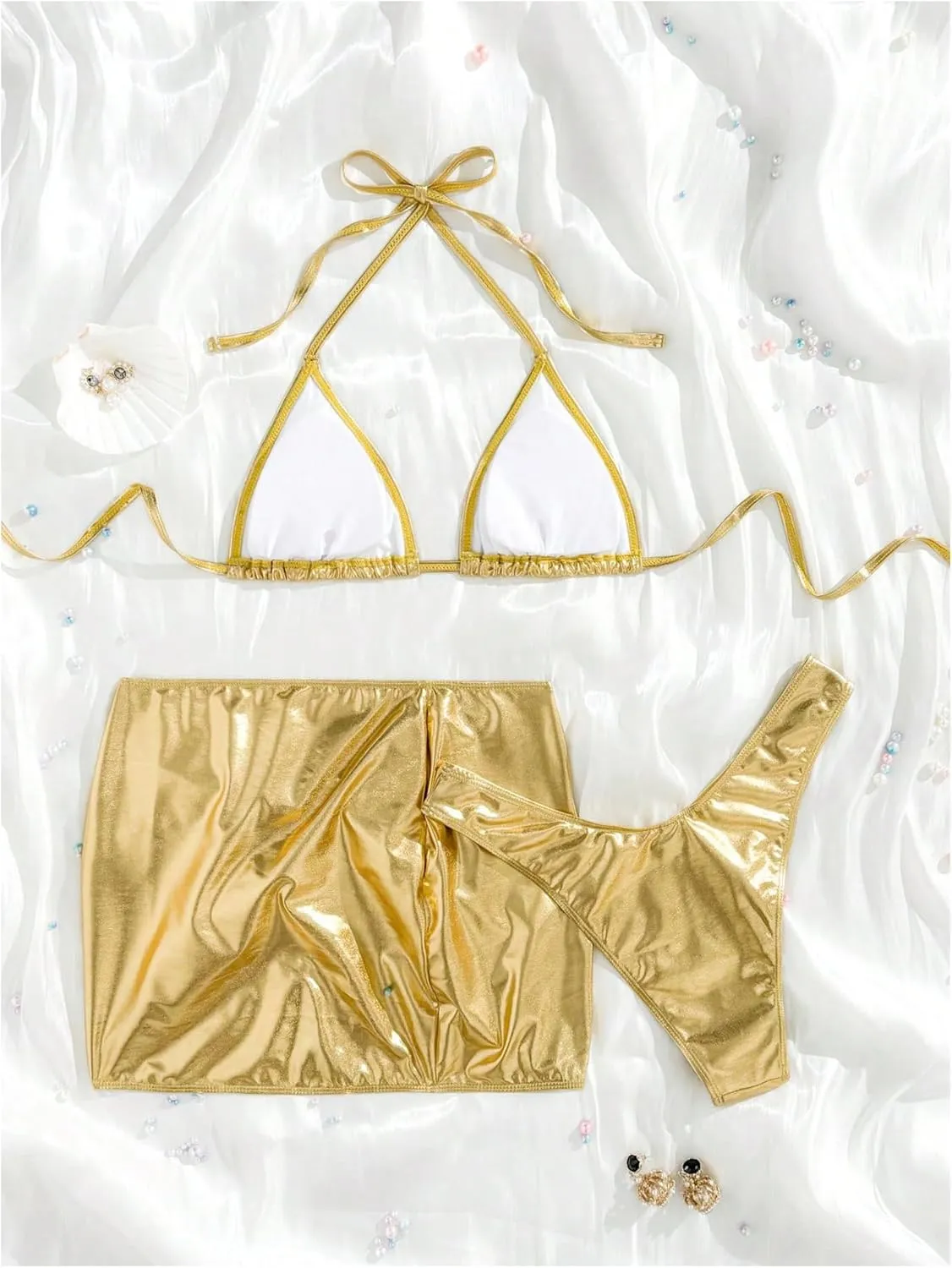 SOLY HUX Women's 3 Piece Swimsuit Metallic Halter Triangle Bikini Set Bathing Suit with Cover Up Beach Skirt