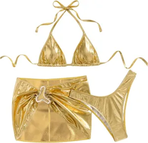 SOLY HUX Women's 3 Piece Swimsuit Metallic Halter Triangle Bikini Set Bathing Suit with Cover Up Beach Skirt