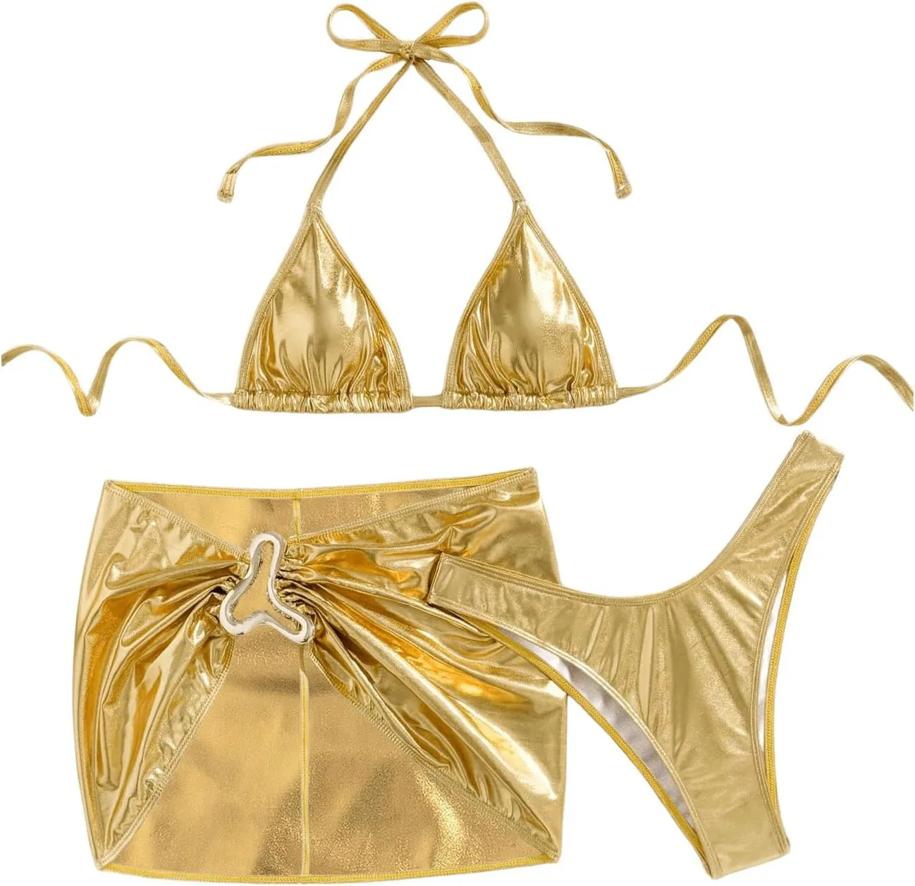 SOLY HUX Women's 3 Piece Swimsuit Metallic Halter Triangle Bikini Set Bathing Suit with Cover Up Beach Skirt