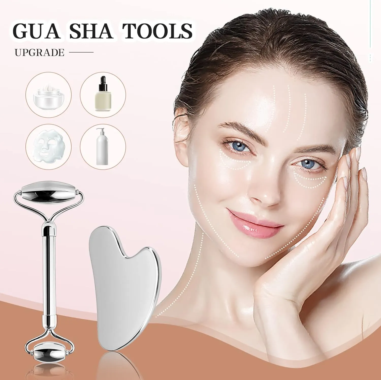 Stainless Steel Facial Roller & Gua Sha - Metallic Gua Sha, Gua Sha Facial Tools 304 Stainless Steel, Face Body Treatment, Reduce Puffiness, Lymphatic Drainage, Facial Tension