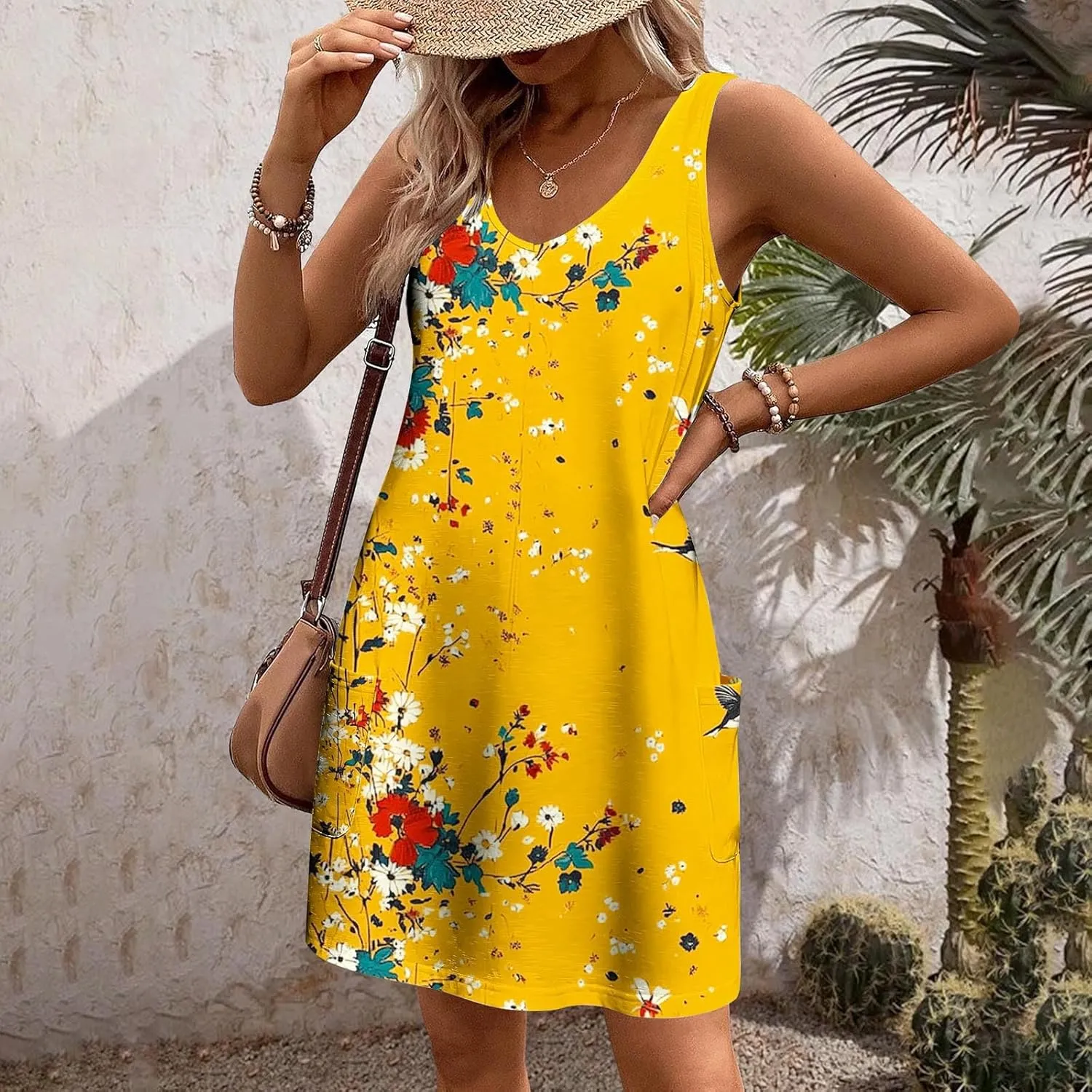Stessotudo Sundress for Women Sleeveless Floral Print Midi Dress Boho Summer Dresses Flowy Beach Vacation Resort Wear