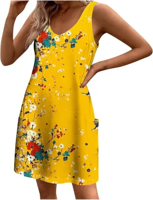 Stessotudo Sundress for Women Sleeveless Floral Print Midi Dress Boho Summer Dresses Flowy Beach Vacation Resort Wear