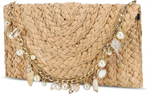 Straw Clutch Purses for Women Summer Straw Bag wirh Seashell Chain Woven Beach Bag Clutch Handbag