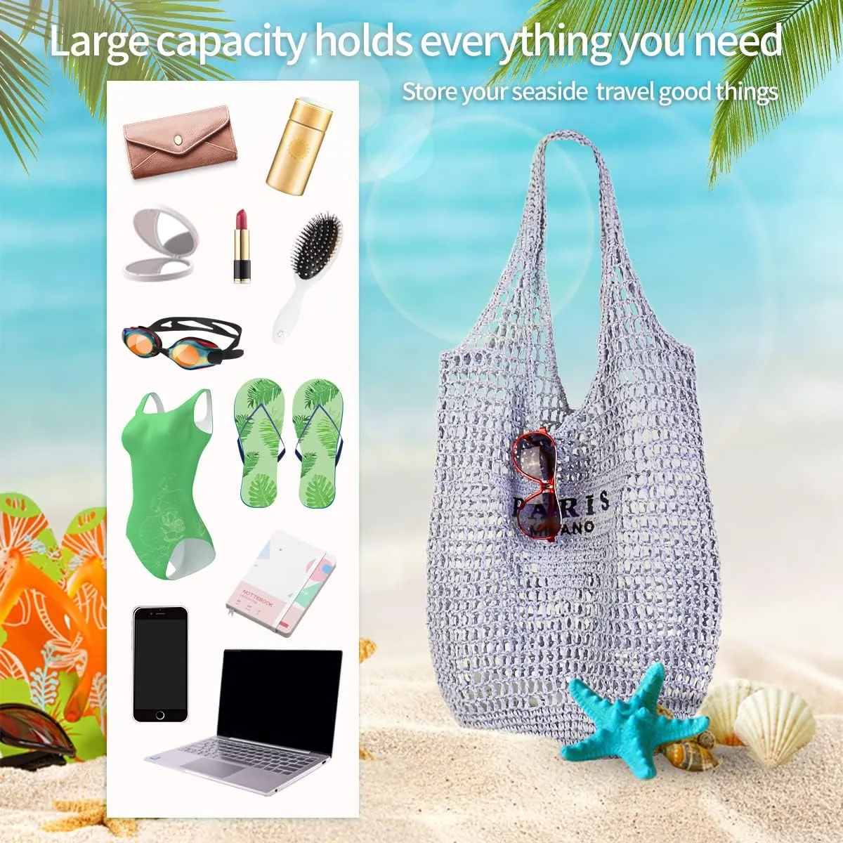 Straw Mesh Tote Bag for Women 2023 New Mesh Hollow Woven Beach Bag Large Travel Shoulder Handbags Hobo Bag