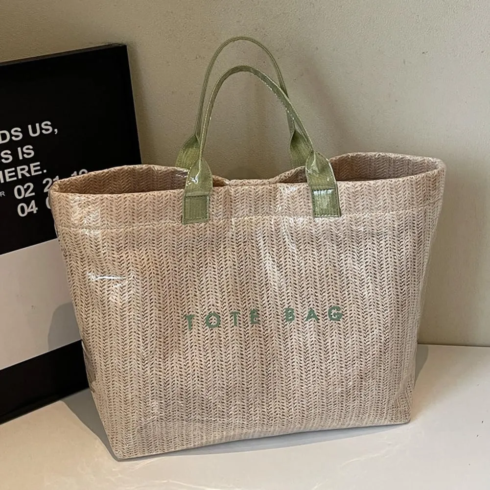 Straw Tote Bag for Women 2025 Waterproof PVC Clear Plastic Tote Bag Summer Beach Bag Letter Print Woven Handbag
