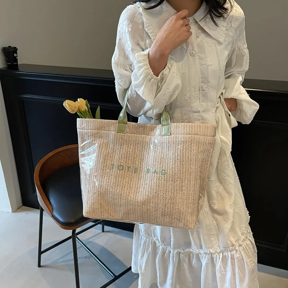 Straw Tote Bag for Women 2025 Waterproof PVC Clear Plastic Tote Bag Summer Beach Bag Letter Print Woven Handbag