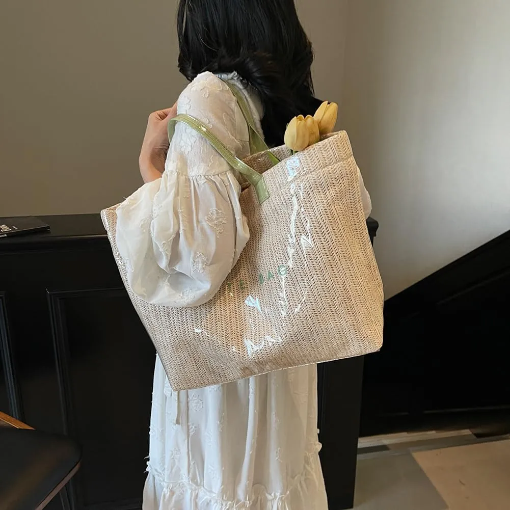 Straw Tote Bag for Women 2025 Waterproof PVC Clear Plastic Tote Bag Summer Beach Bag Letter Print Woven Handbag