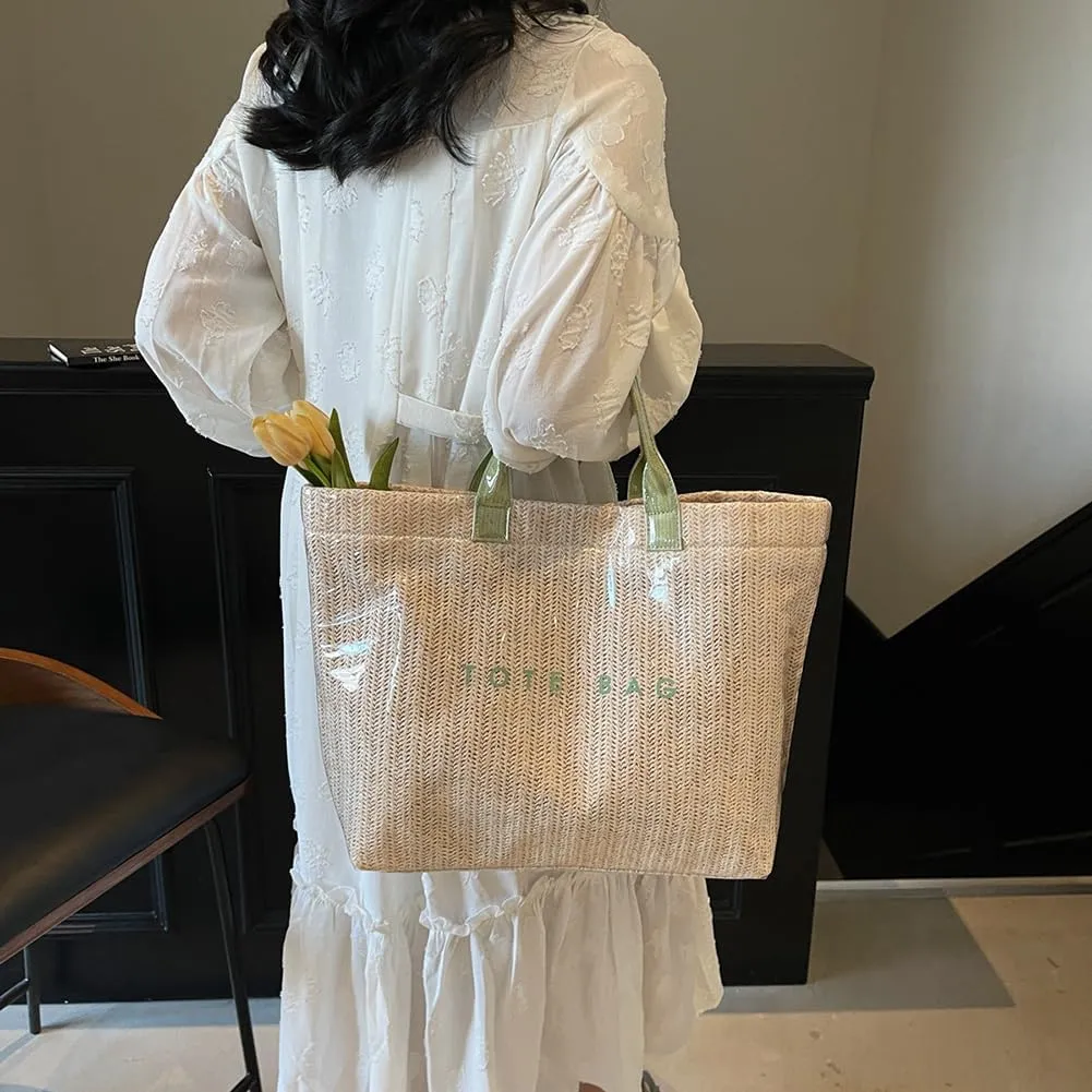 Straw Tote Bag for Women 2025 Waterproof PVC Clear Plastic Tote Bag Summer Beach Bag Letter Print Woven Handbag
