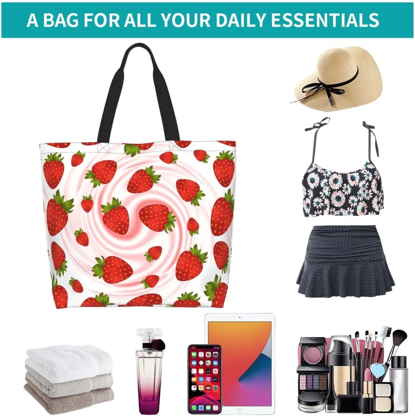 Strawberry Cute Tote Bag Beach Bag Large Capacity Grocery Bag Reusable Shopping bags for Women
